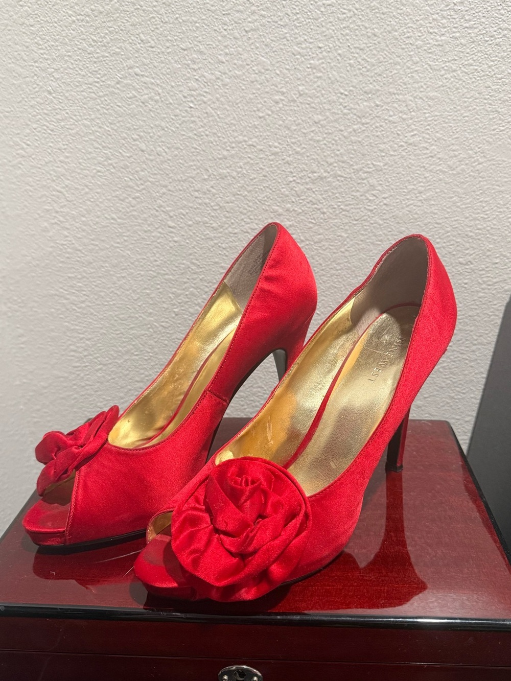 Nine West Red Peep-Toe Heels with Rosette Accent